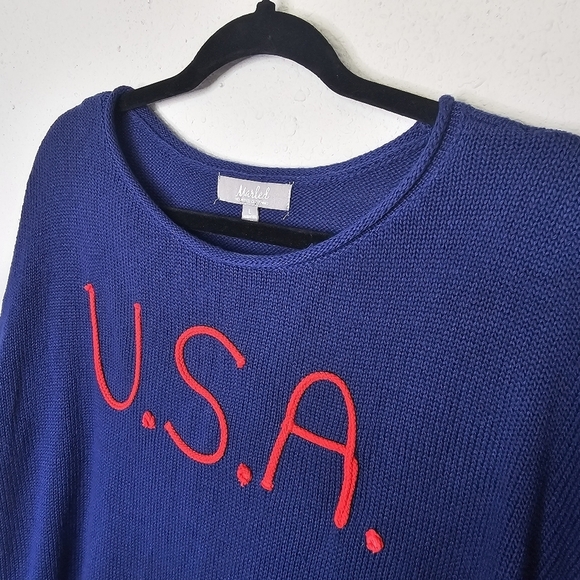 Marled Reunited L Sweater Slits Pullover Red USA‎ Embroidery Navy Blue - Picture 2 of 13